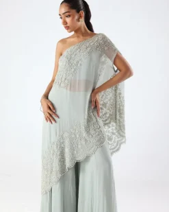 Powder Blue Embroidered One Shoulder Kaftan & Sharara Set