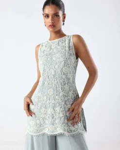 Powder Blue Embroidered Peplum & Sharara Set