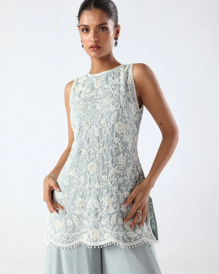 Powder Blue Embroidered Peplum & Sharara Set
