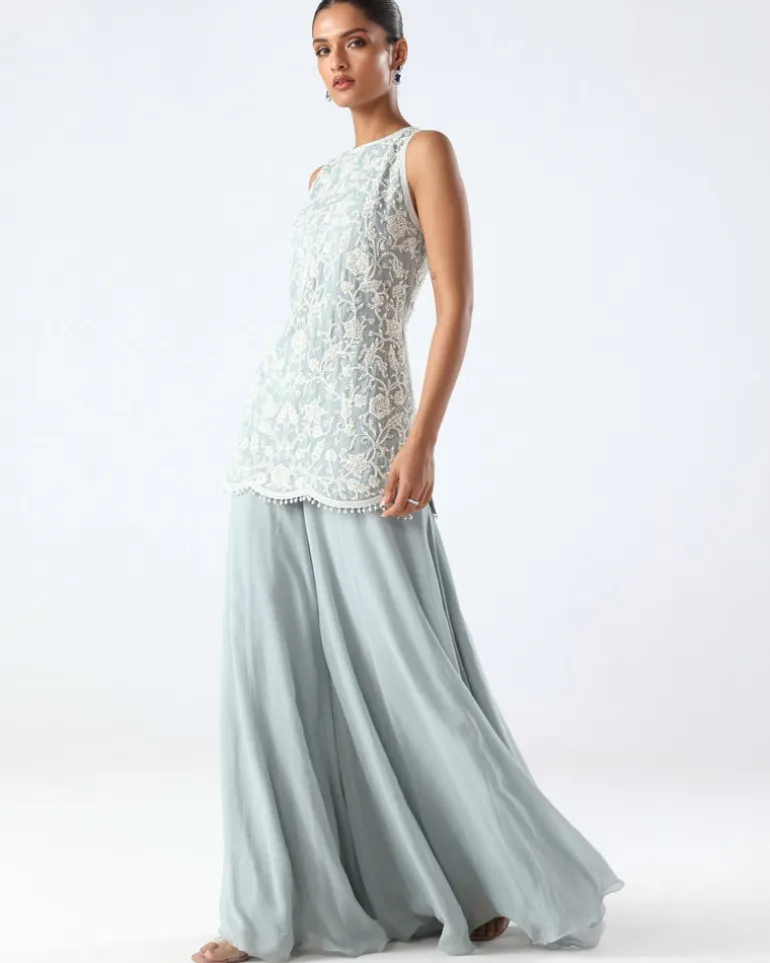 Powder Blue Embroidered Peplum & Sharara Set
