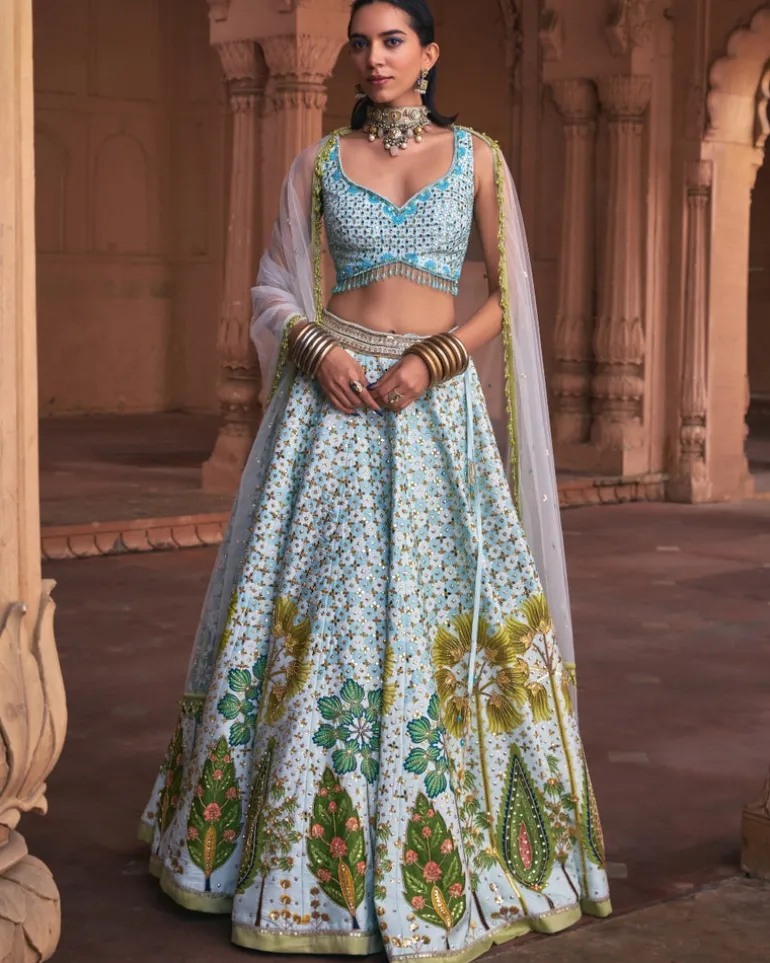 Powder Blue Floral Print and Embroidered Lehenga Set