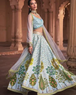 Powder Blue Floral Print and Embroidered Lehenga Set