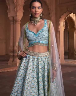 Powder Blue Floral Print and Embroidered Lehenga Set