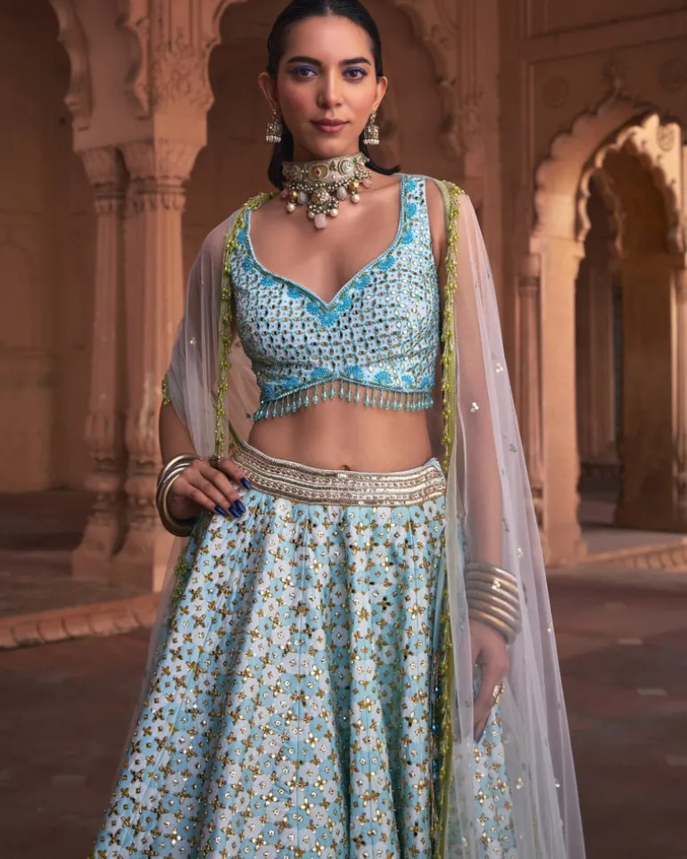 Powder Blue Floral Print and Embroidered Lehenga Set
