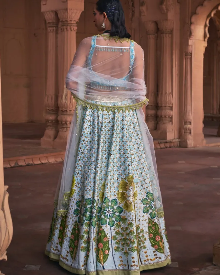Powder Blue Floral Print and Embroidered Lehenga Set