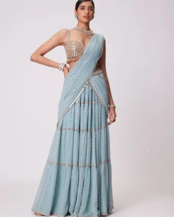 Powder Blue Multi Tier Hand Embroidered Sari Set
