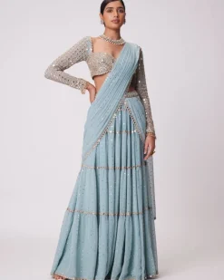 Powder Blue Multi Tier Hand Embroidered Sari Set