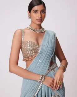 Powder Blue Multi Tier Hand Embroidered Sari Set
