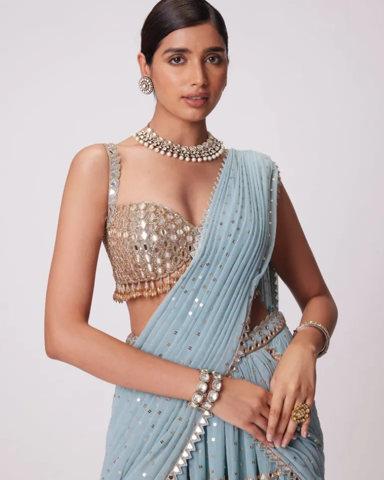 Powder Blue Multi Tier Hand Embroidered Sari Set