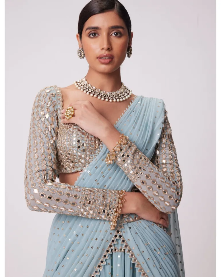 Powder Blue Multi Tier Hand Embroidered Sari Set