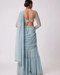 Powder Blue Multi Tier Hand Embroidered Sari Set
