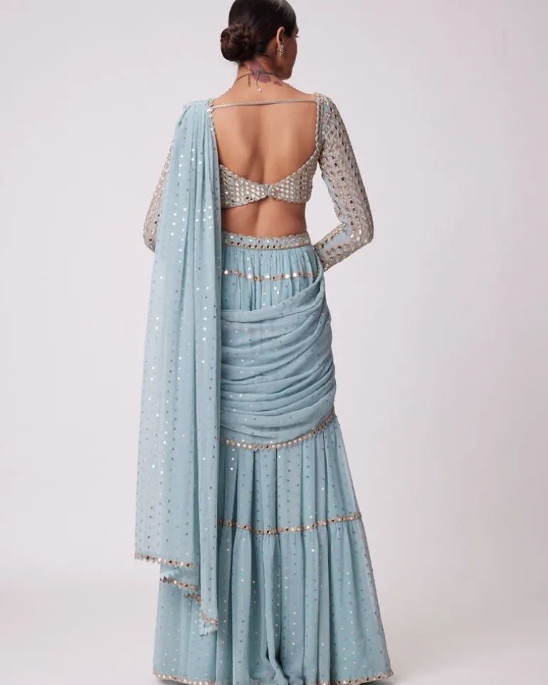 Powder Blue Multi Tier Hand Embroidered Sari Set