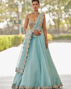 Powder Blue Organza Mirror Embroidered Lehenga Set