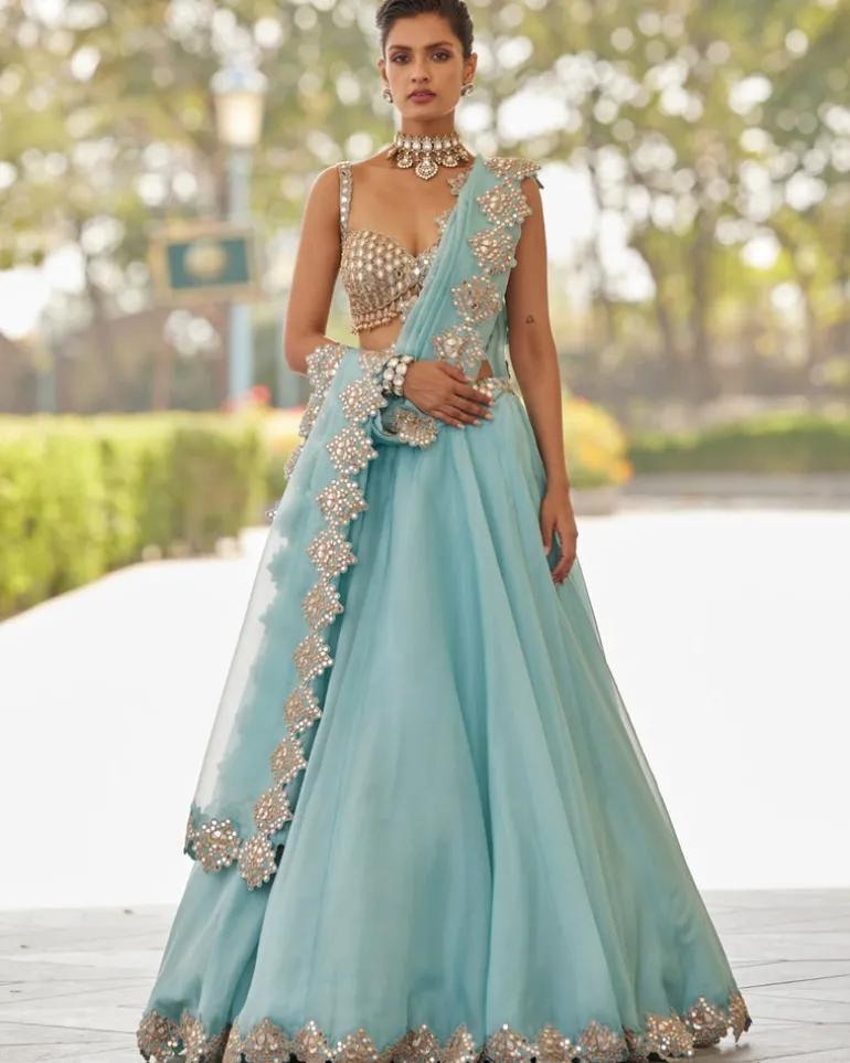 Powder Blue Organza Mirror Embroidered Lehenga Set