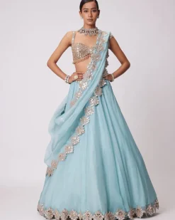 Powder Blue Organza Mirror Embroidered Lehenga Set