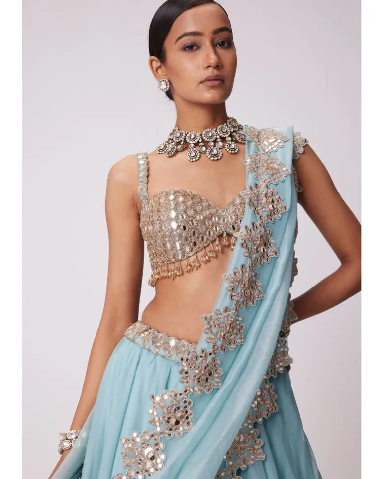 Powder Blue Organza Mirror Embroidered Lehenga Set