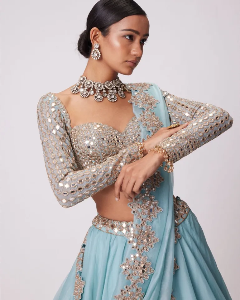Powder Blue Organza Mirror Embroidered Lehenga Set
