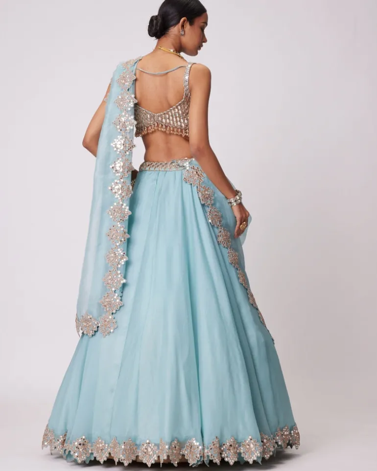 Powder Blue Organza Mirror Embroidered Lehenga Set