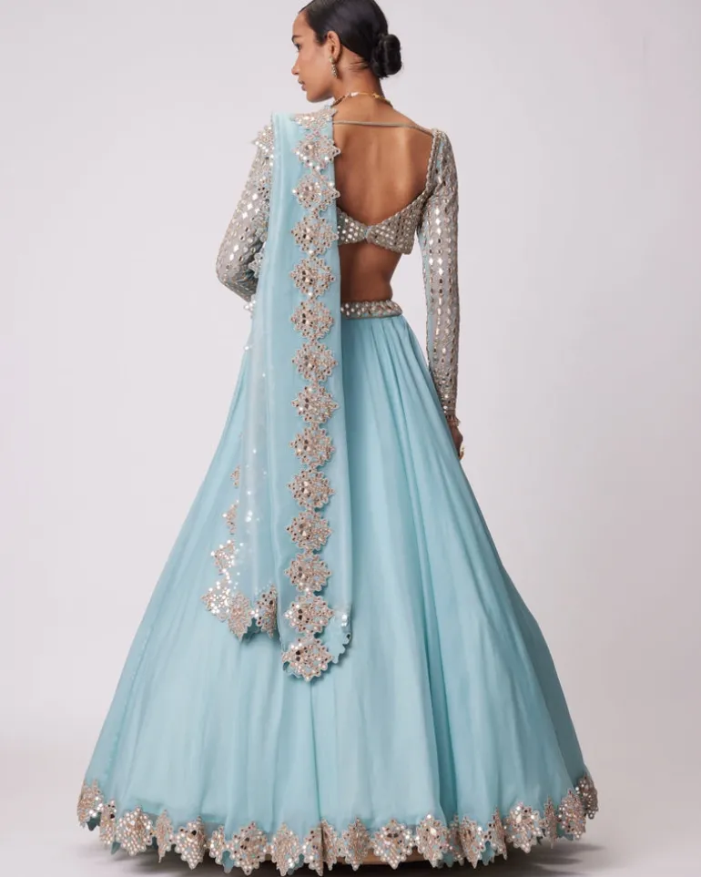 Powder Blue Organza Mirror Embroidered Lehenga Set