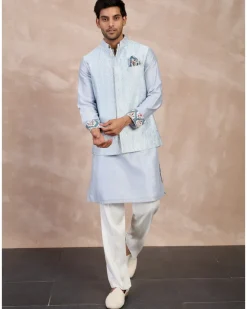 Powder Blue Plain Chanderi Straight Kurta Set