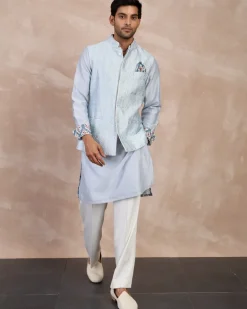 Powder Blue Plain Chanderi Straight Kurta Set