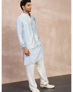 Powder Blue Plain Chanderi Straight Kurta Set