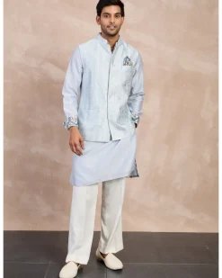 Powder Blue Plain Chanderi Straight Kurta Set