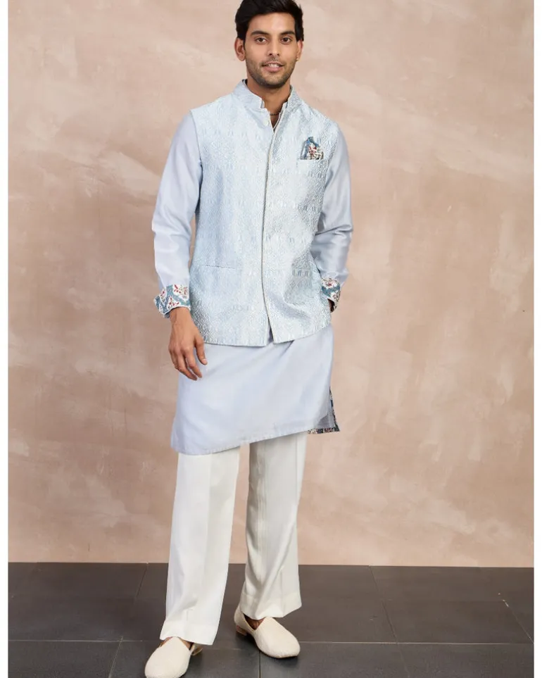 Powder Blue Plain Chanderi Straight Kurta Set