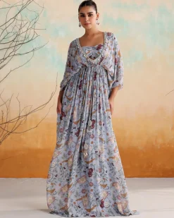 Powder Blue Printed Embellished Kaftan