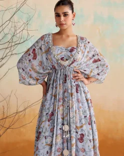 Powder Blue Printed Embellished Kaftan