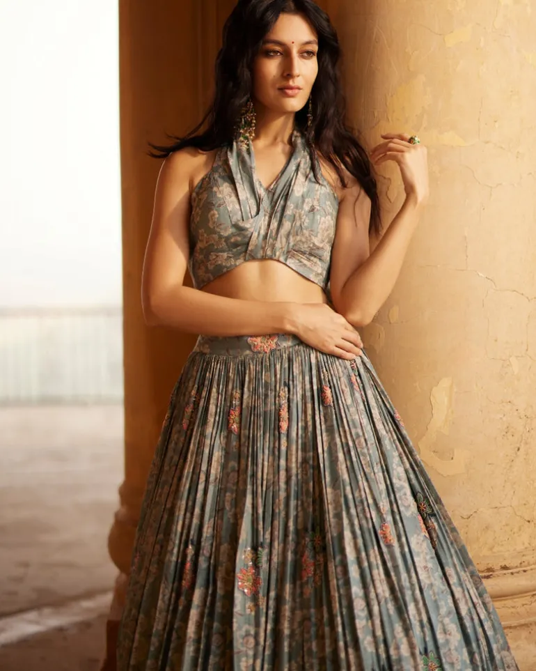 Powder Blue Printed Halter Top Set