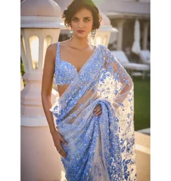 Powder Blue Three - Dimensional Floral Sari