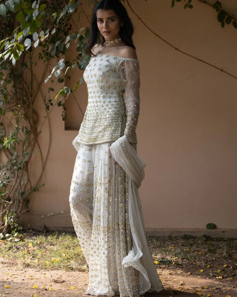 Powder Grey Off Shoulder Bootie Kurti And Sharara Set
