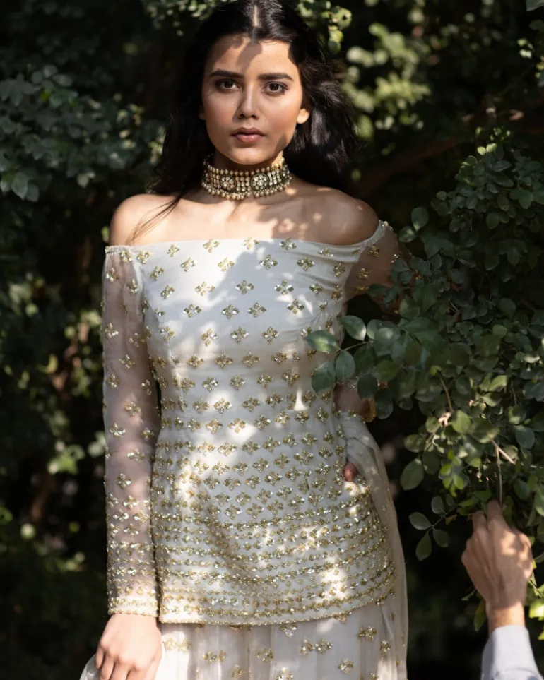 Powder Grey Off Shoulder Bootie Kurti And Sharara Set