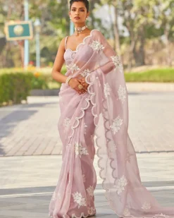 Powder Lilac Flower Sari Set