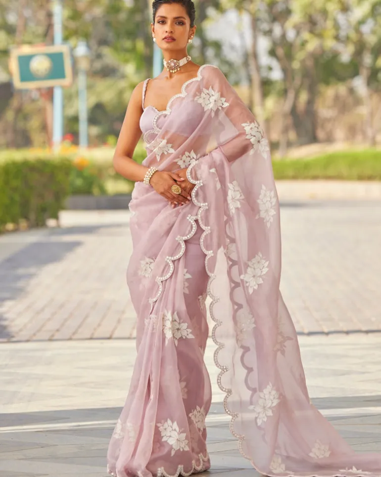 Powder Lilac Flower Sari Set