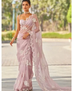 Powder Lilac Flower Sari Set