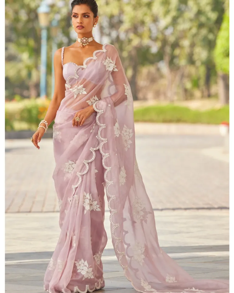 Powder Lilac Flower Sari Set