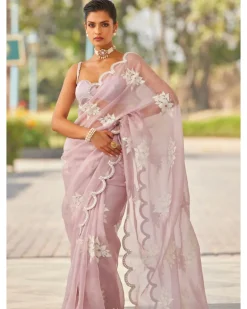 Powder Lilac Flower Sari Set
