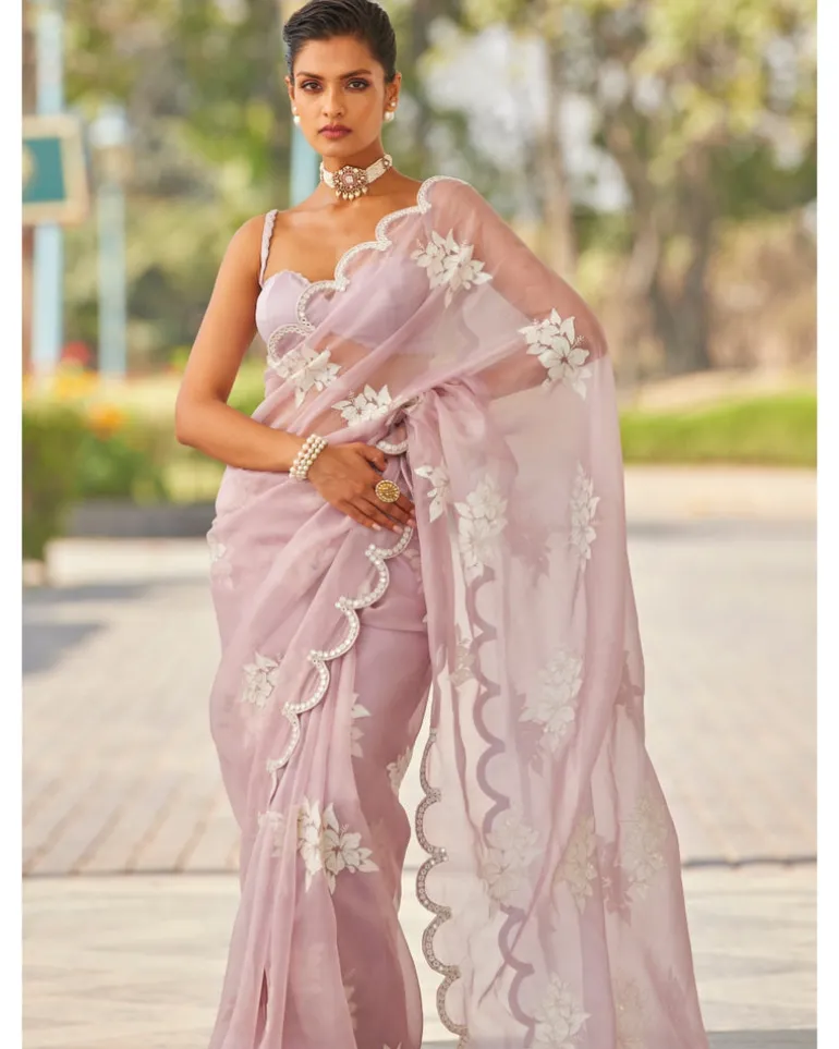 Powder Lilac Flower Sari Set