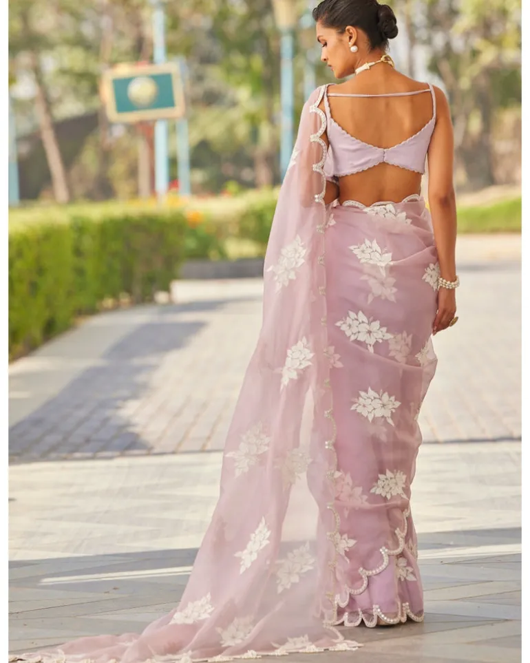 Powder Lilac Flower Sari Set