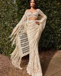 Powder Peach Stripe Sari Set