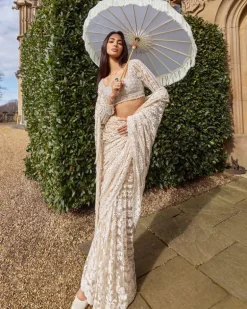 Powder Peach Stripe Sari Set
