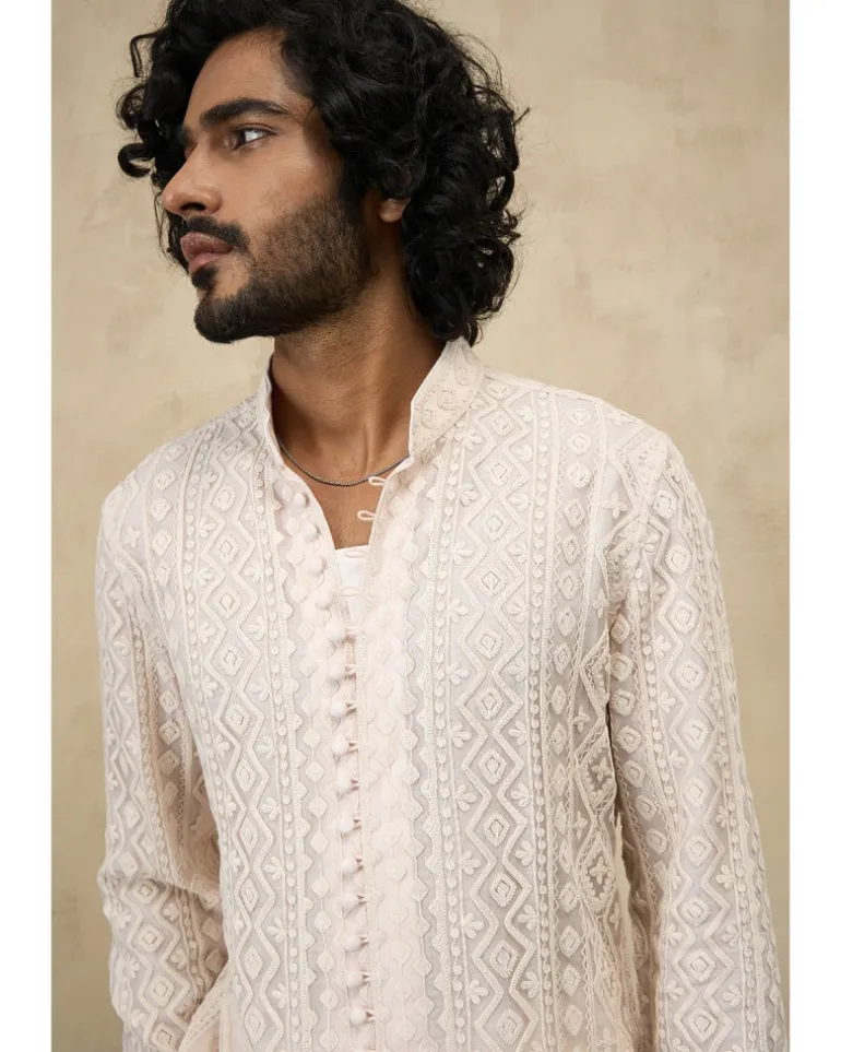 Powder Pink Front Luppi Button Kurta Set