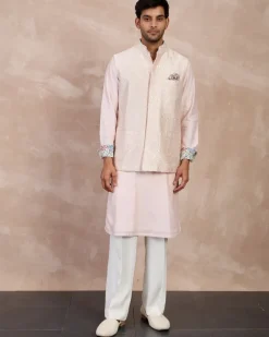 Powder Pink Plain Chanderi Straight Kurta Set