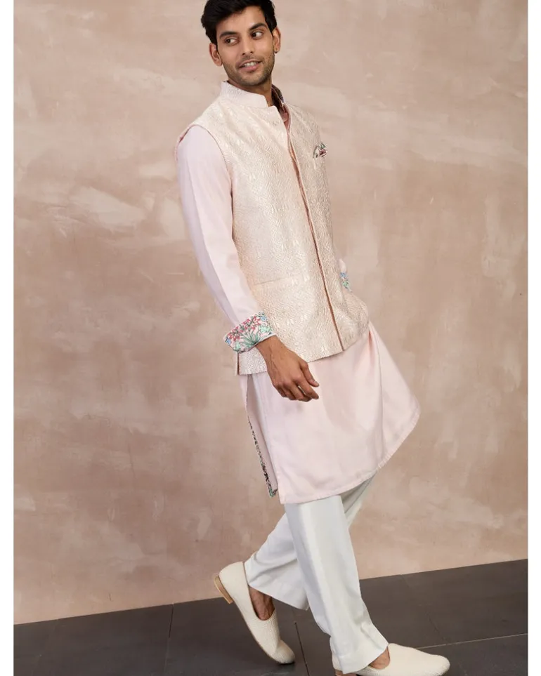 Powder Pink Plain Chanderi Straight Kurta Set