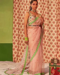 Powder Pink Silk Organza Embroidered Sari Set