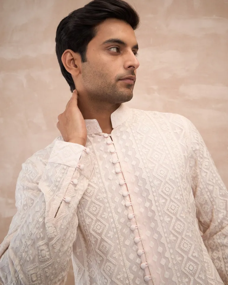 Powder Pink Vertical Aari Flb Kurta Shirt Set