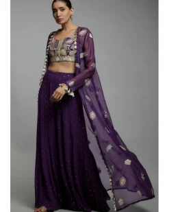 Purple Embroidered Bustier With Embroidered Jacket And Sharara Set