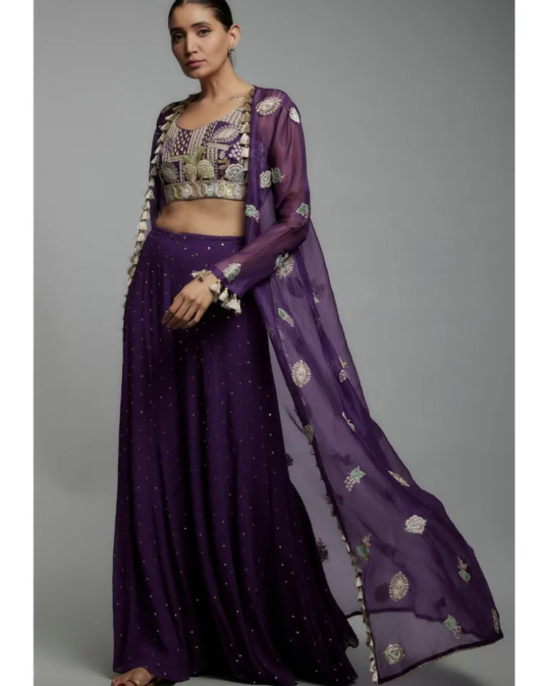 Purple Embroidered Bustier With Embroidered Jacket And Sharara Set